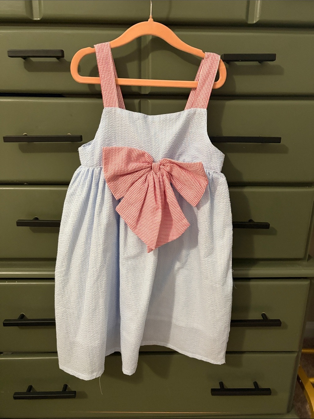 Girls Light Blue Seersucker Sundress with Pink Bow Accent